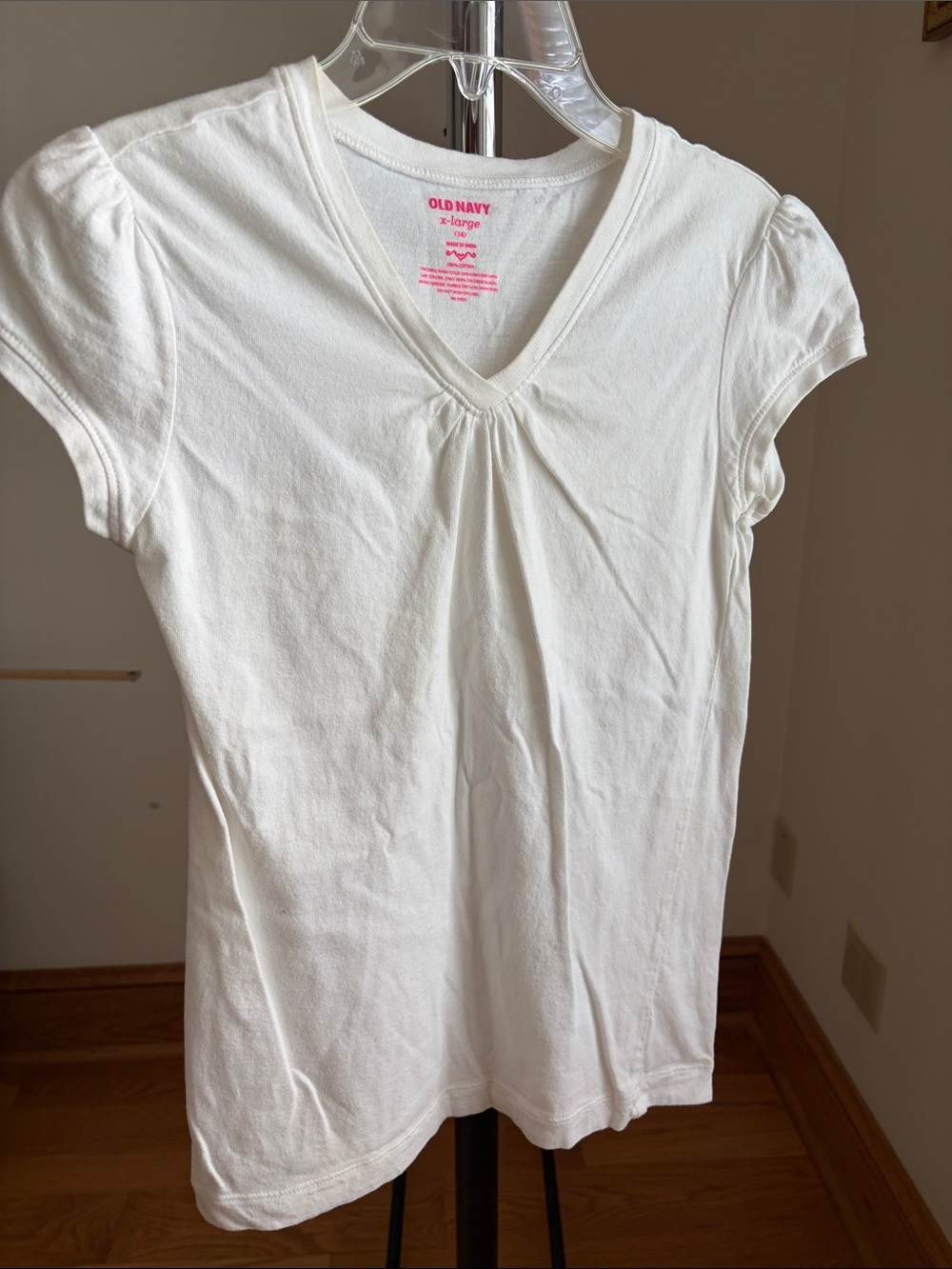 Old Navy White V-Neck Short Sleeve Tee with Front Gather